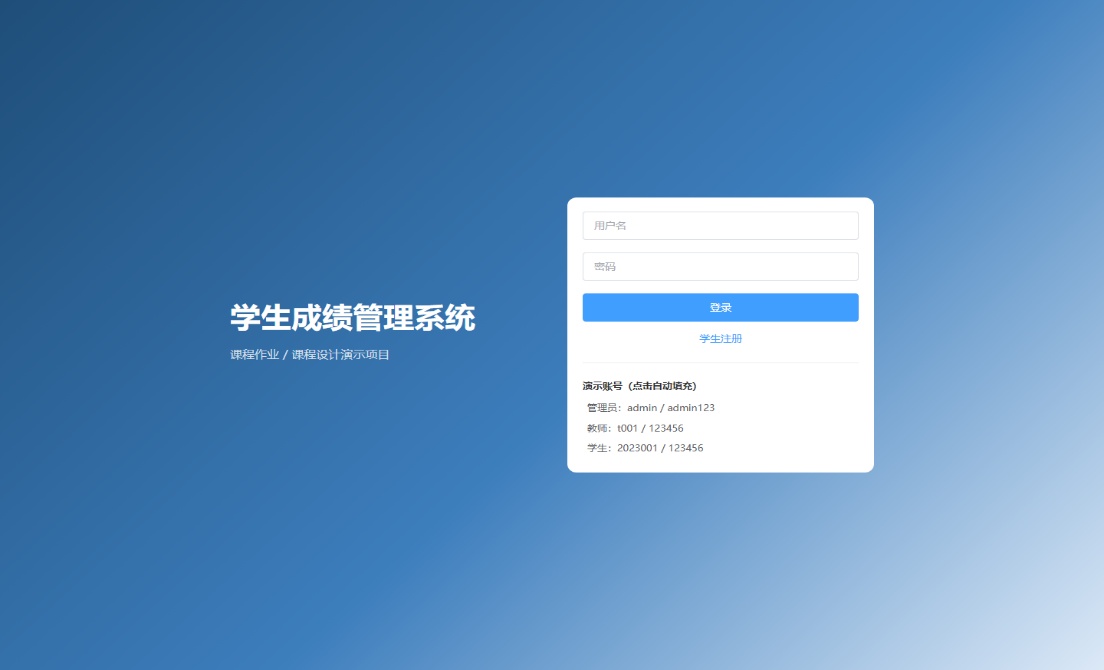 学生成绩管理系统登录页:左侧为系统标题与「课程作业 / 课程设计演示项目」说明,右侧为用户名密码表单,下方列出管理员 / 教师 / 学生三个演示账号并可点击自动填充